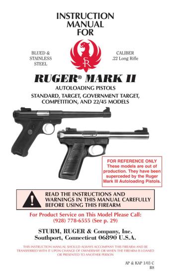 RUGER&reg; MARK II AUTOLOADING PISTOLS STANDARD, TARGET, GOVERNMENT TARGET, COMPETITION, AND 22/45 MODELS